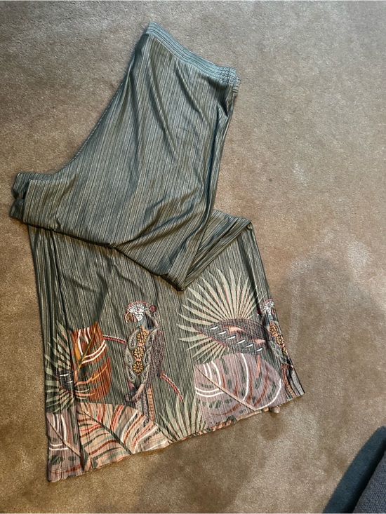 Anthropologie Pants - Anthropologie Olive Green Striped Wide-Leg Pants with Tropical Parrot Print